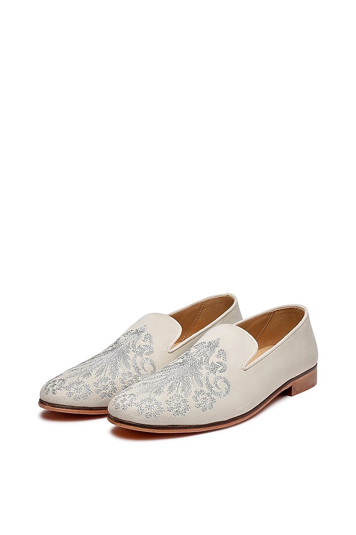 Ivory Velvet Embroidered Slip-On Shoes by SHUTIQ at Pernia's Pop Up Shop