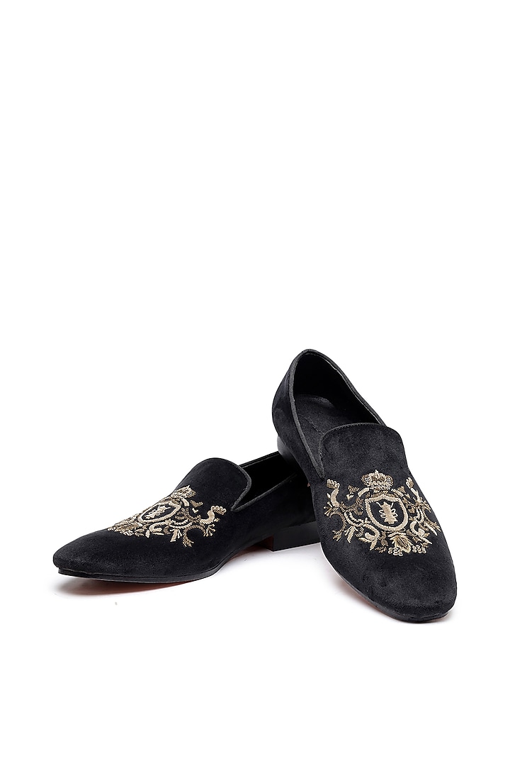 Black Velvet Embroidered Slip-On Shoes by SHUTIQ at Pernia's Pop Up Shop