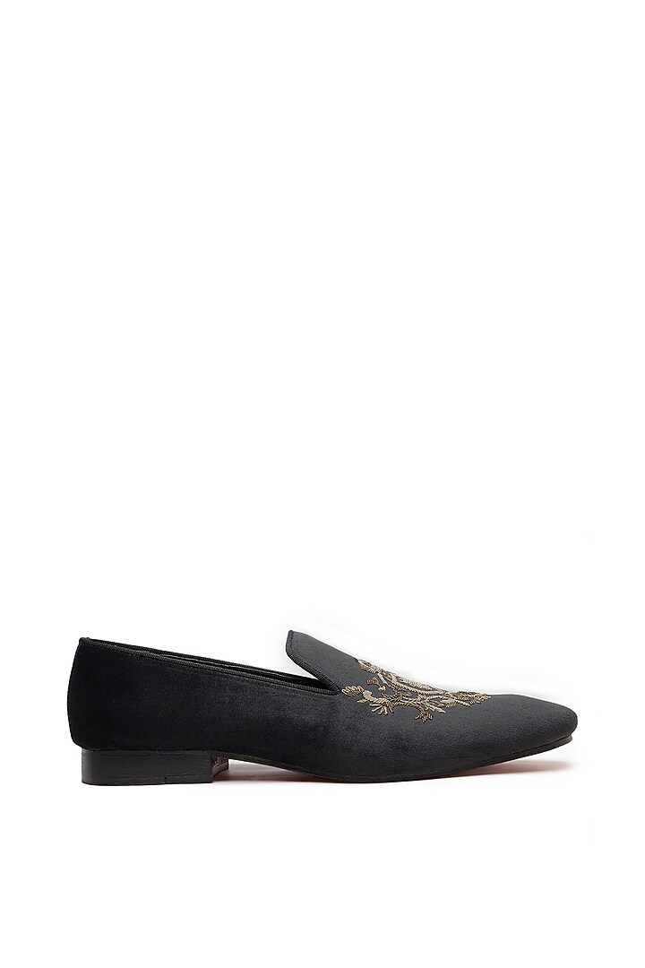 Black Velvet Embroidered Slip-On Shoes by SHUTIQ at Pernia's Pop Up Shop