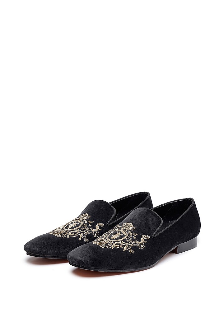 Black Velvet Embroidered Slip-On Shoes by SHUTIQ at Pernia's Pop Up Shop
