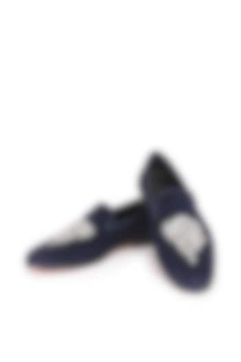 Blue Velvet Embroidered Slip-On Shoes by SHUTIQ at Pernia's Pop Up Shop