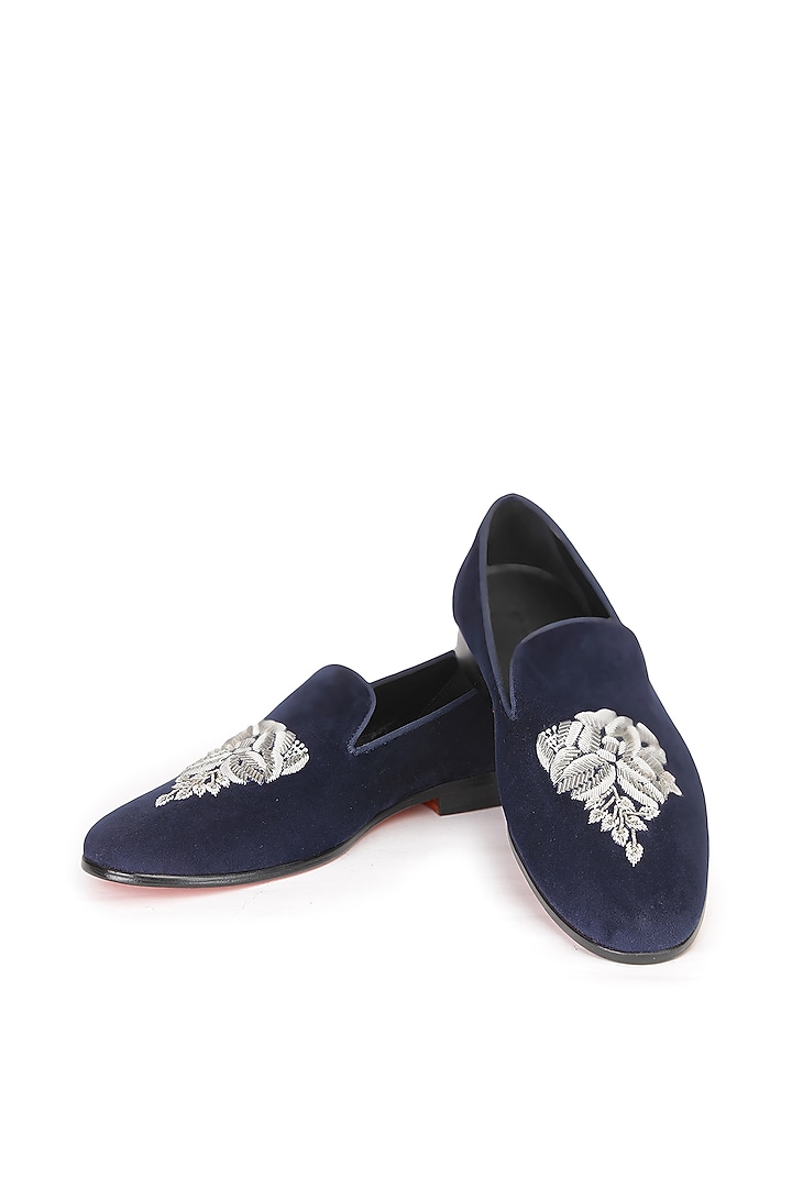 Blue Velvet Embroidered Slip-On Shoes by SHUTIQ at Pernia's Pop Up Shop