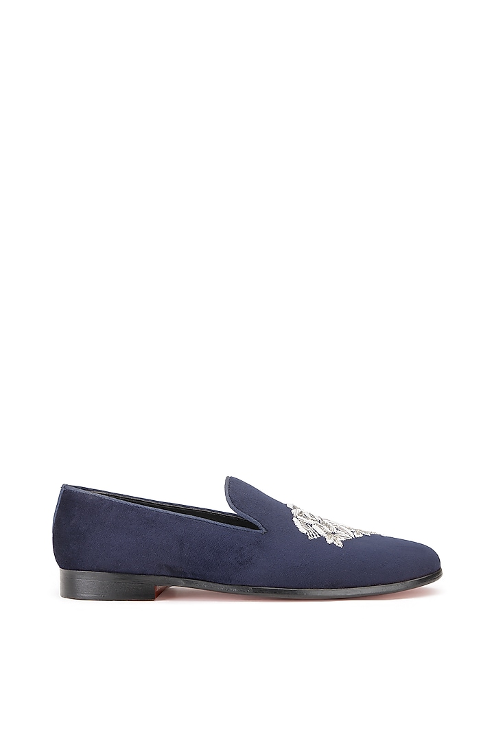 Blue Velvet Embroidered Slip-On Shoes by SHUTIQ at Pernia's Pop Up Shop