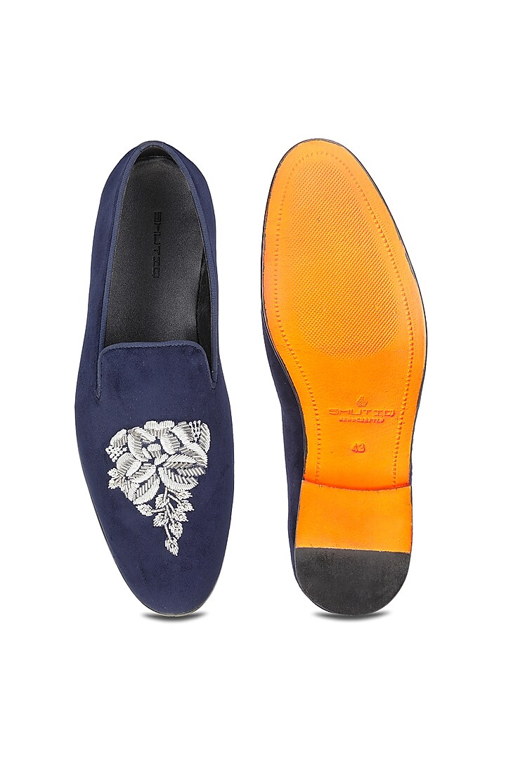 Blue Velvet Embroidered Slip-On Shoes by SHUTIQ at Pernia's Pop Up Shop