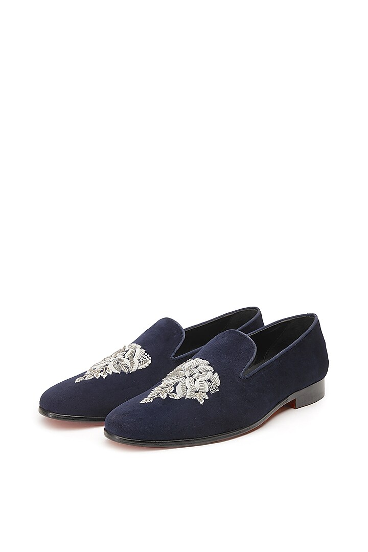 Blue Velvet Embroidered Slip-On Shoes by SHUTIQ at Pernia's Pop Up Shop