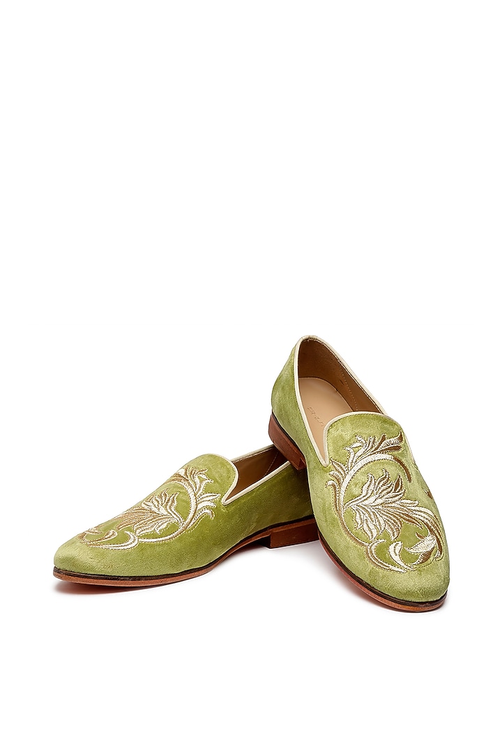 Green Velvet Embroidered Slip-On Shoes by SHUTIQ at Pernia's Pop Up Shop