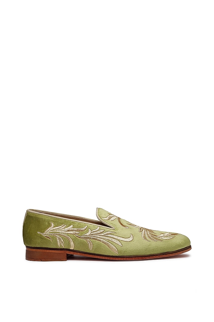 Green Velvet Embroidered Slip-On Shoes by SHUTIQ at Pernia's Pop Up Shop