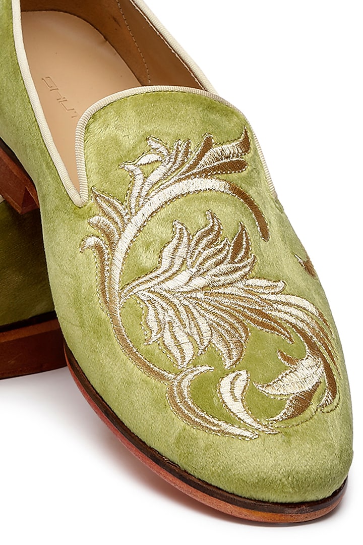 Green Velvet Embroidered Slip-On Shoes by SHUTIQ at Pernia's Pop Up Shop