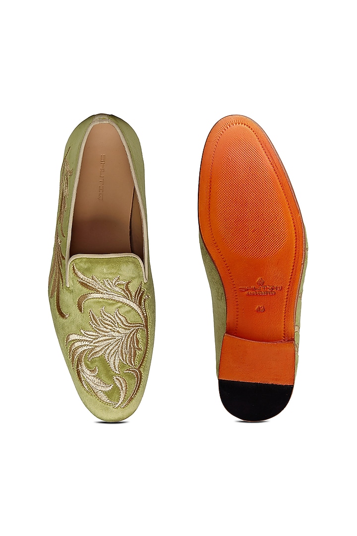 Green Velvet Embroidered Slip-On Shoes by SHUTIQ at Pernia's Pop Up Shop