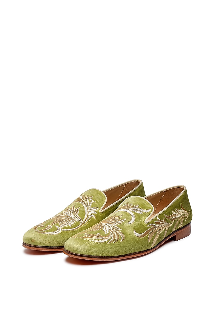Green Velvet Embroidered Slip-On Shoes by SHUTIQ at Pernia's Pop Up Shop