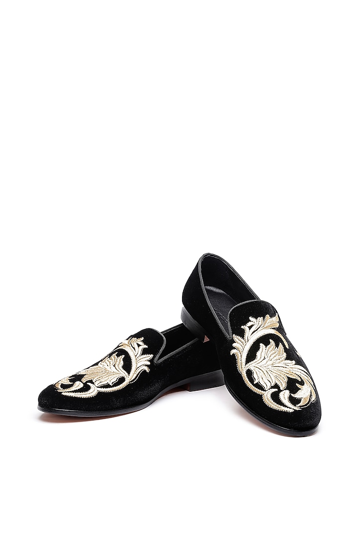 Black Velvet Embroidered Slip-On Shoes by SHUTIQ at Pernia's Pop Up Shop