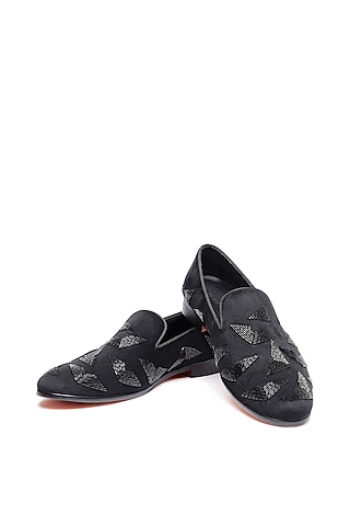 Black Velvet Embroidered Slip-On Shoes by SHUTIQ