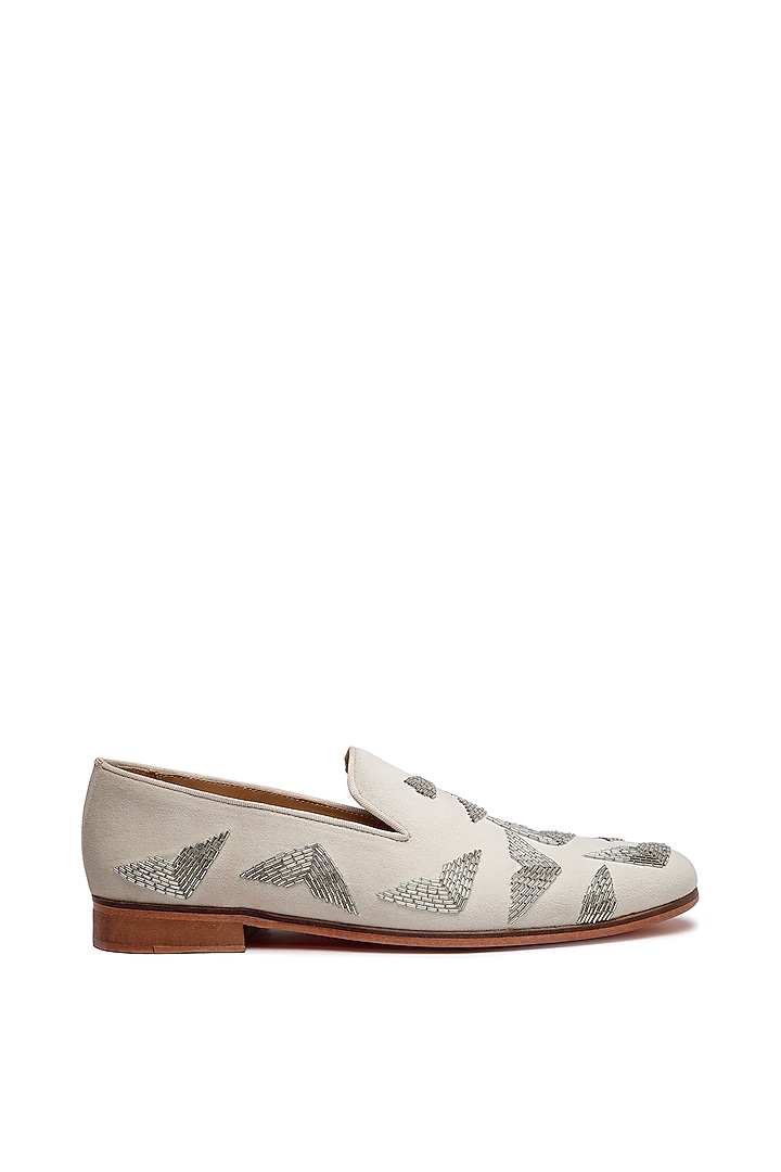 White Velvet Embroidered Slip-On Shoes by SHUTIQ at Pernia's Pop Up Shop