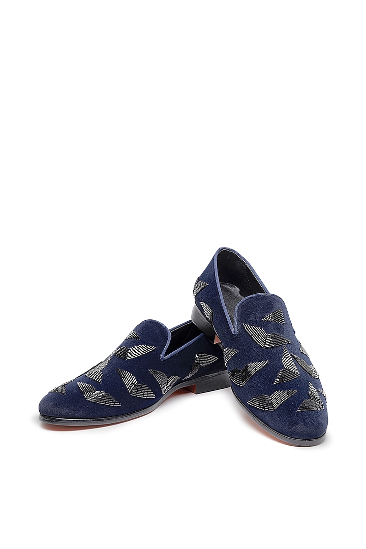 Blue Velvet Embroidered Slip-On Shoes by SHUTIQ at Pernia's Pop Up Shop
