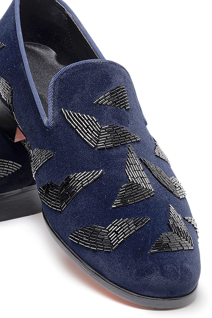 Blue Velvet Embroidered Slip-On Shoes by SHUTIQ at Pernia's Pop Up Shop
