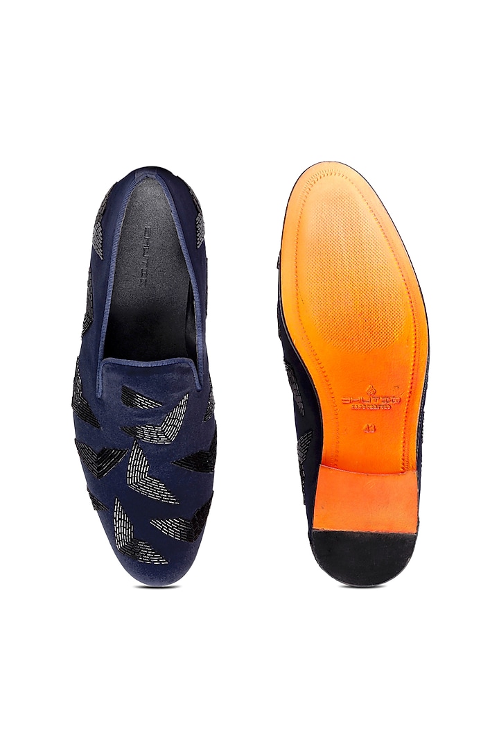 Blue Velvet Embroidered Slip-On Shoes by SHUTIQ at Pernia's Pop Up Shop