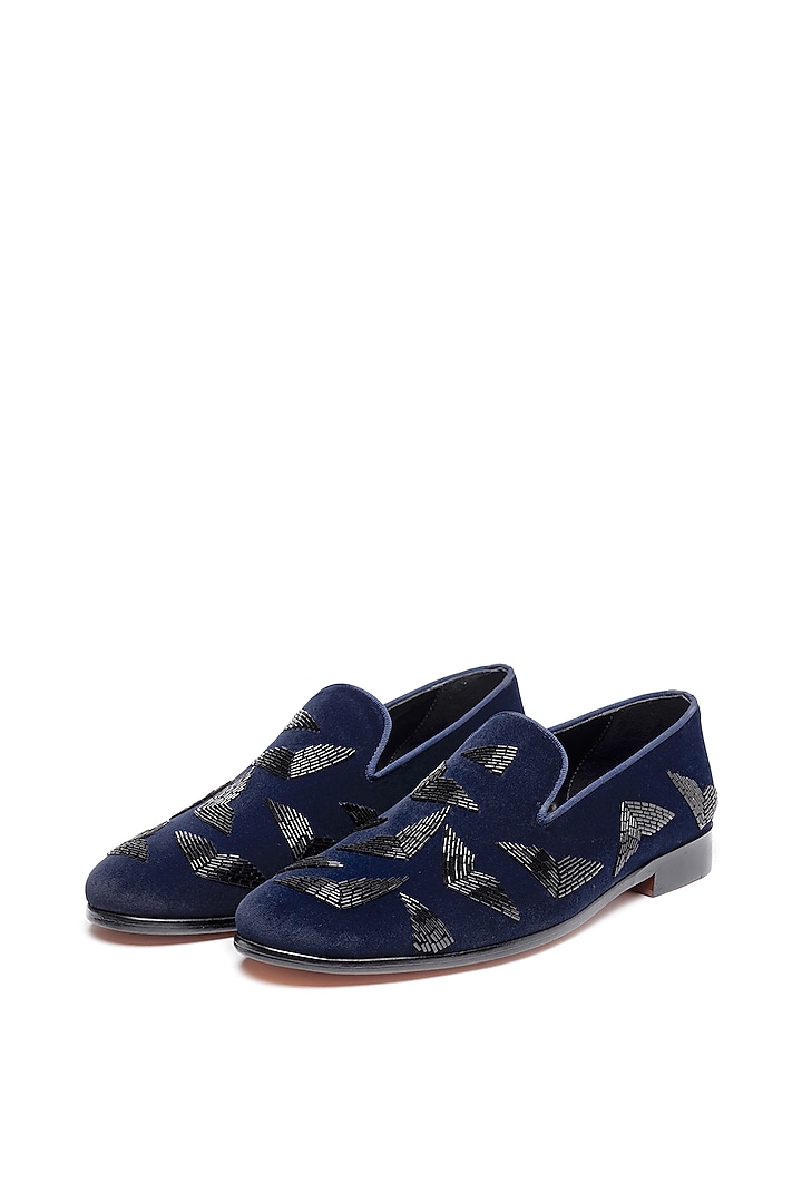 Blue Velvet Embroidered Slip-On Shoes by SHUTIQ at Pernia's Pop Up Shop