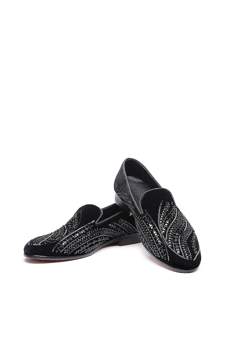 Black Velvet Embroidered Slip-On Shoes by SHUTIQ at Pernia's Pop Up Shop