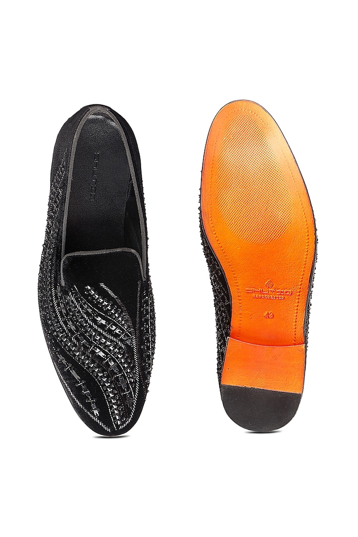 Black Velvet Embroidered Slip-On Shoes by SHUTIQ at Pernia's Pop Up Shop