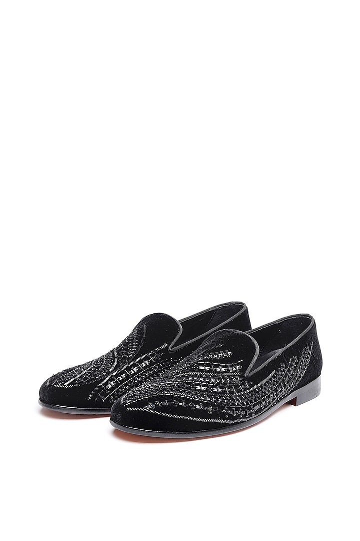 Black Velvet Embroidered Slip-On Shoes by SHUTIQ at Pernia's Pop Up Shop