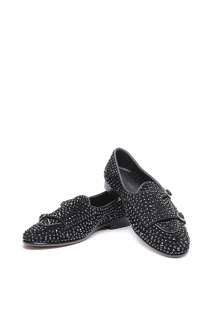 Black Suede Embroidered Double Strap Monks by SHUTIQ at Pernia's Pop Up Shop