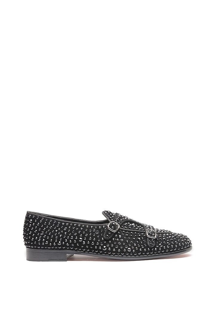 Black Suede Embroidered Double Strap Monks by SHUTIQ at Pernia's Pop Up Shop