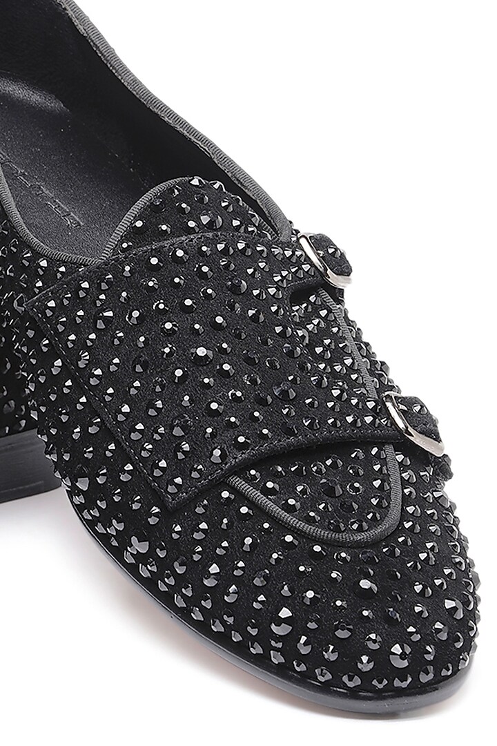 Black Suede Embroidered Double Strap Monks by SHUTIQ at Pernia's Pop Up Shop