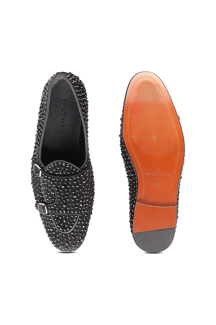 Black Suede Embroidered Double Strap Monks by SHUTIQ at Pernia's Pop Up Shop