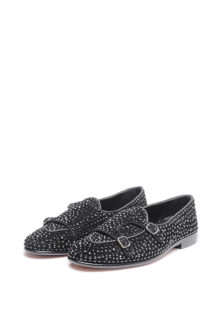 Black Suede Embroidered Double Strap Monks by SHUTIQ at Pernia's Pop Up Shop
