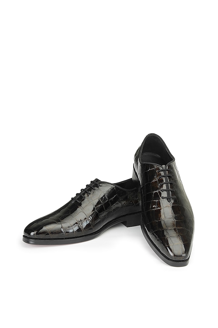 Black Croco Leather Lace-Up Shoes by SHUTIQ at Pernia's Pop Up Shop