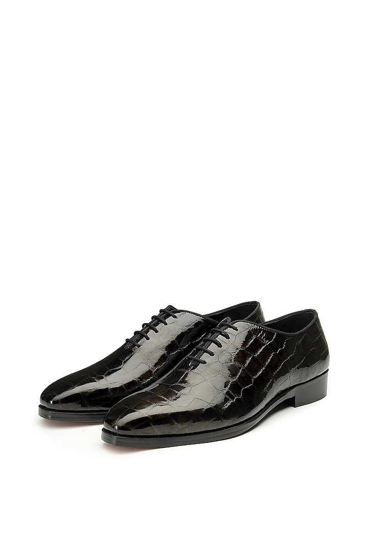 Black Croco Leather Lace-Up Shoes by SHUTIQ at Pernia's Pop Up Shop