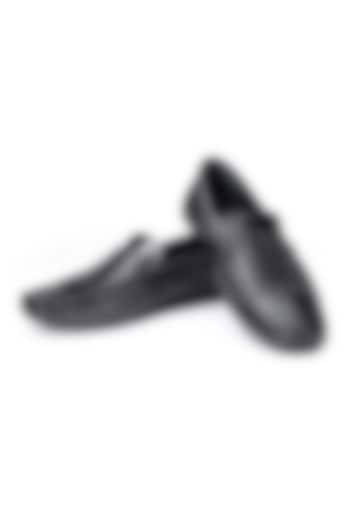 Black Leather Embellished Loafers by SHUTIQ
