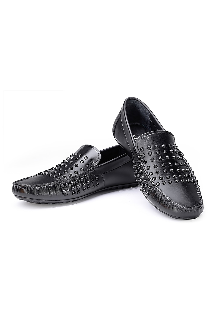 Black Leather Embellished Loafers by SHUTIQ