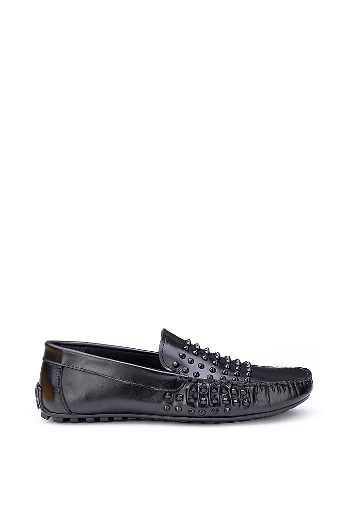 Black Leather Embellished Loafers by SHUTIQ at Pernia's Pop Up Shop