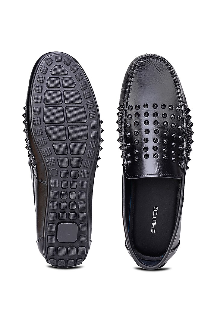 Black Leather Embellished Loafers by SHUTIQ at Pernia's Pop Up Shop