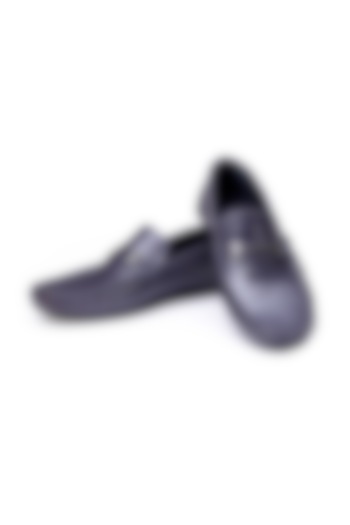 Blue Croco Leather Embellished Loafers by SHUTIQ