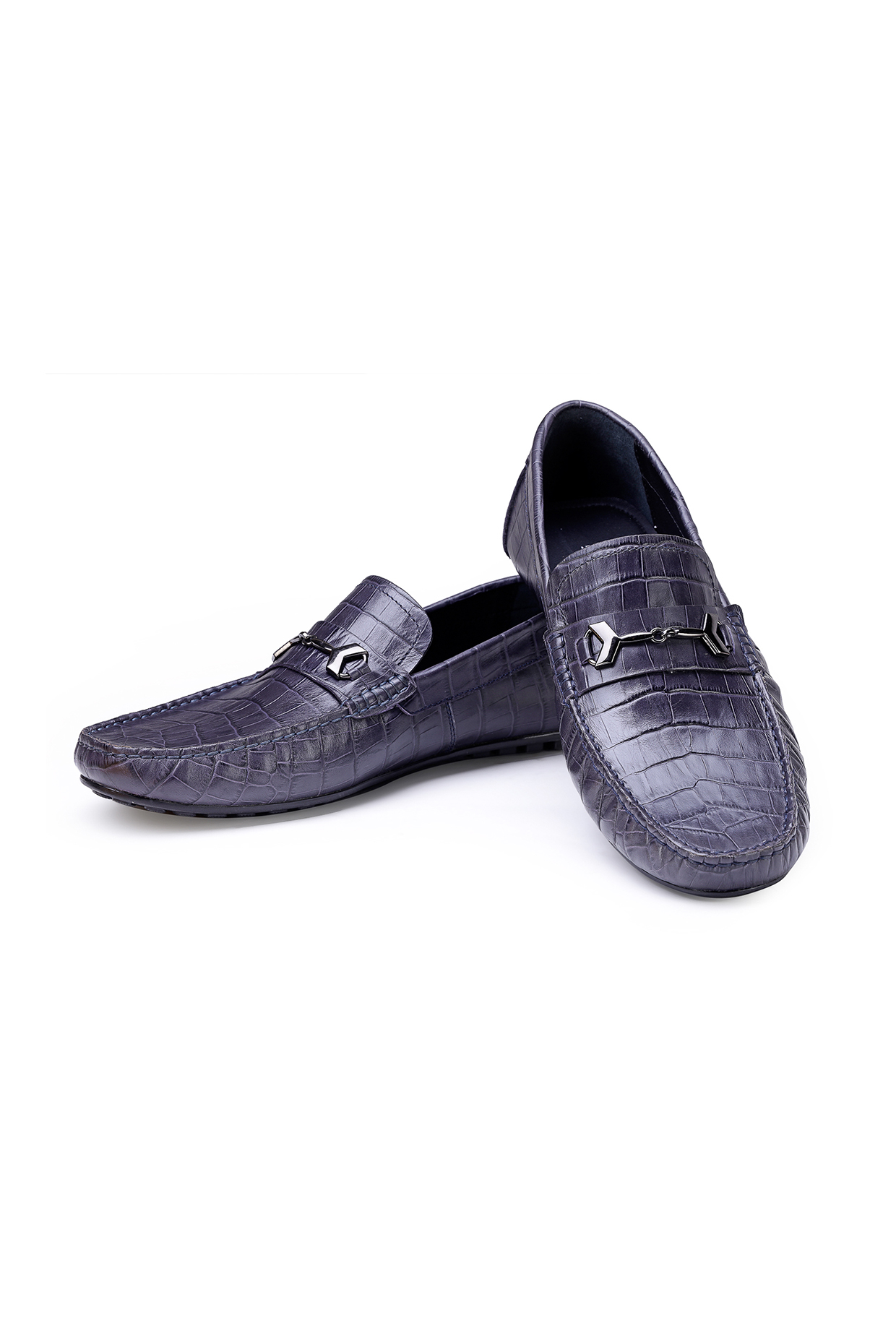 Blue Croco Leather Embellished Loafers by SHUTIQ