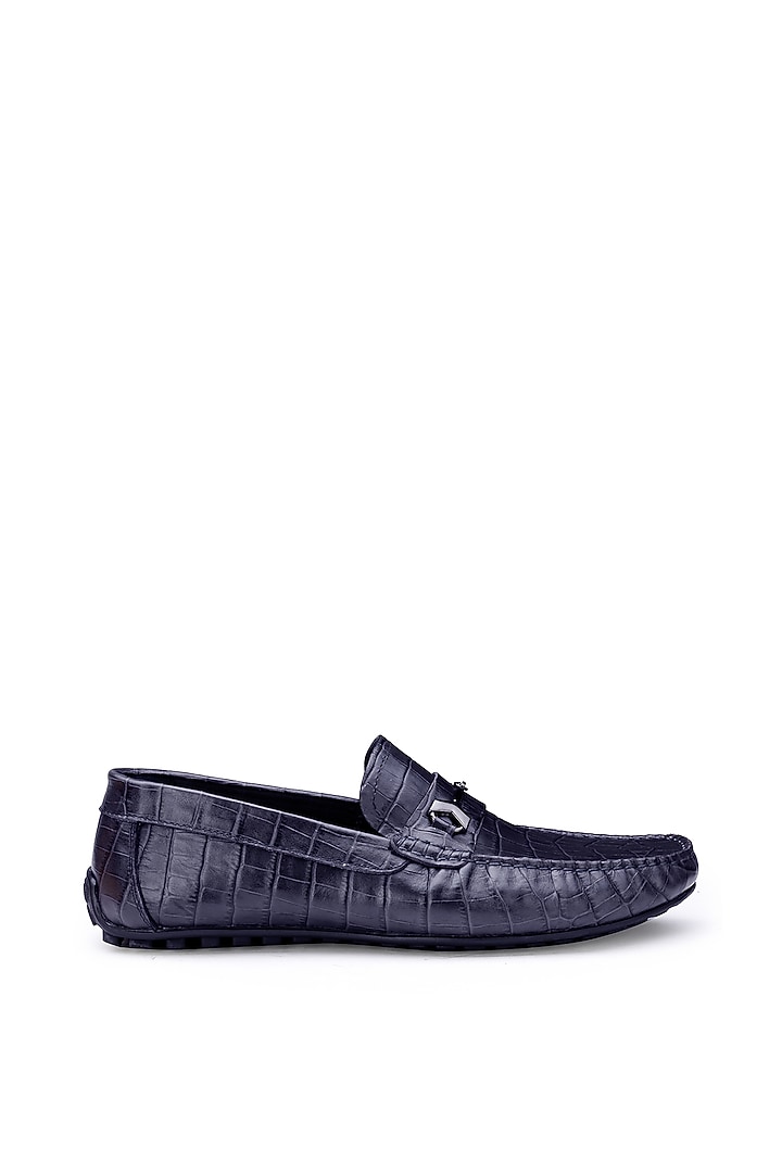 Blue Croco Leather Embellished Loafers by SHUTIQ at Pernia's Pop Up Shop