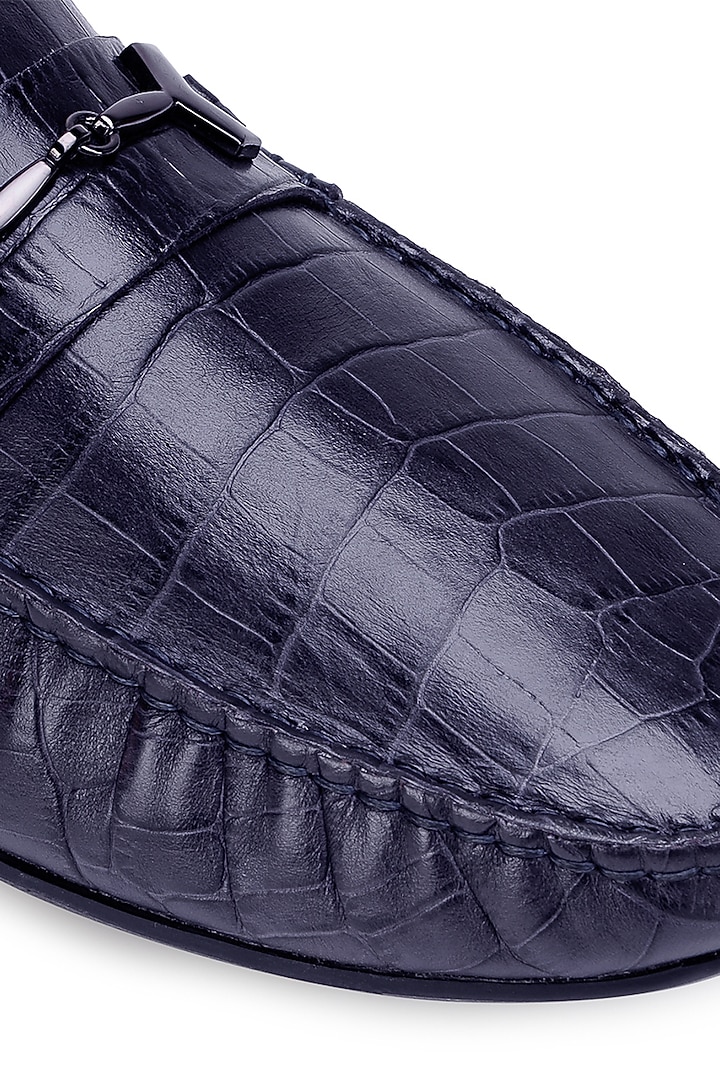 Blue Croco Leather Embellished Loafers by SHUTIQ at Pernia's Pop Up Shop