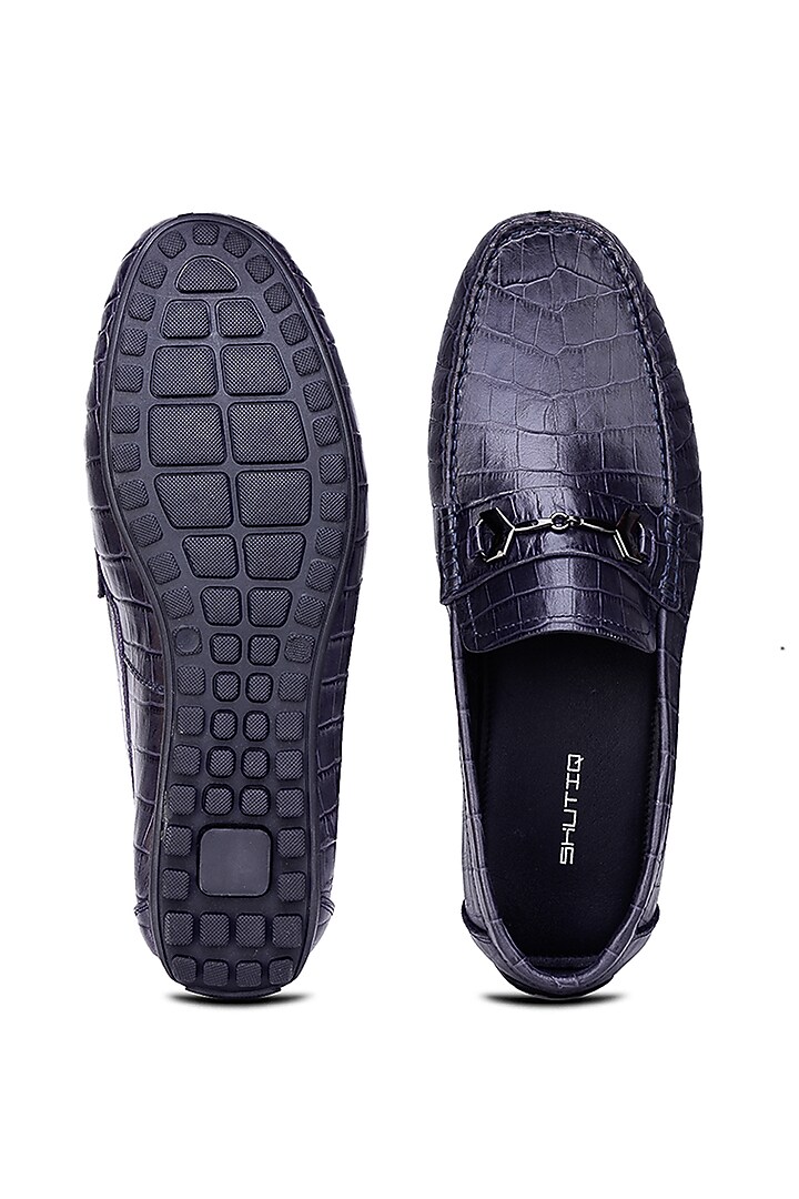 Blue Croco Leather Embellished Loafers by SHUTIQ at Pernia's Pop Up Shop