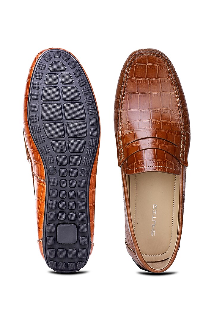 Brown Croco Leather Loafers by SHUTIQ at Pernia's Pop Up Shop