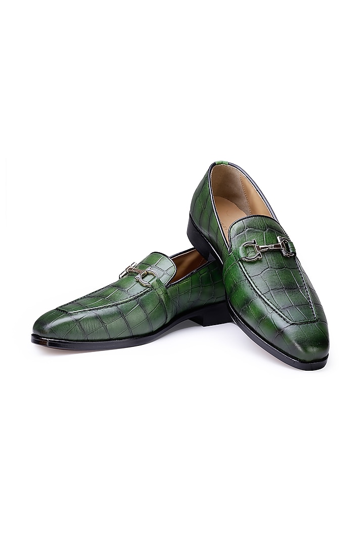 Green Croco Leather Slip On Shoes by SHUTIQ