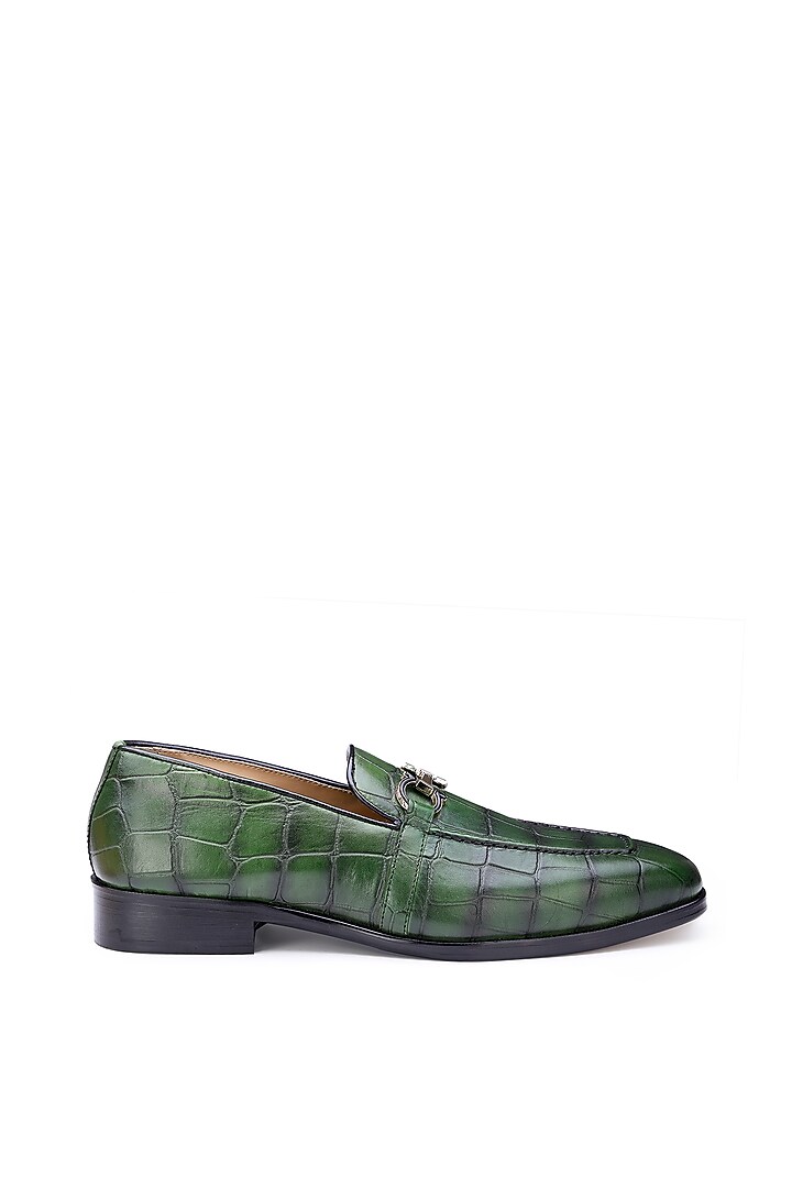 Green Croco Leather Slip On Shoes by SHUTIQ at Pernia's Pop Up Shop