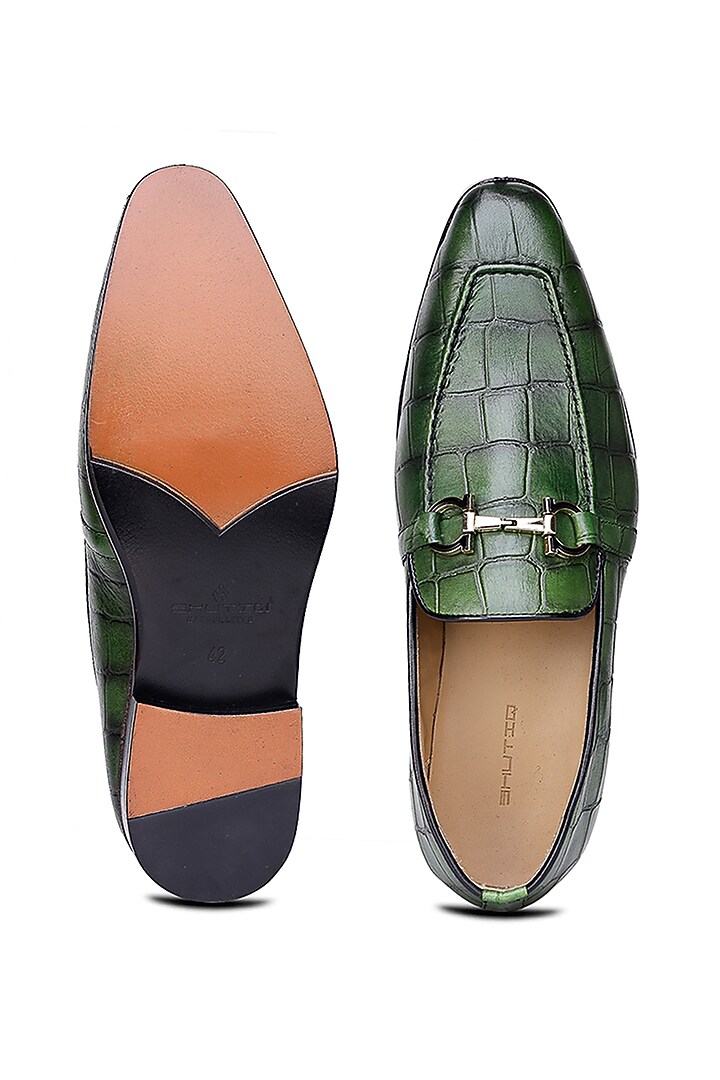 Green Croco Leather Slip On Shoes by SHUTIQ at Pernia's Pop Up Shop