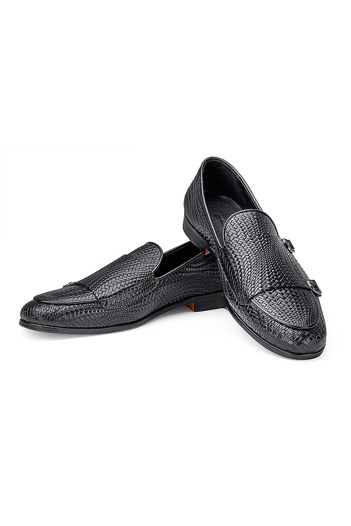 Black Leather Monk Shoes by SHUTIQ