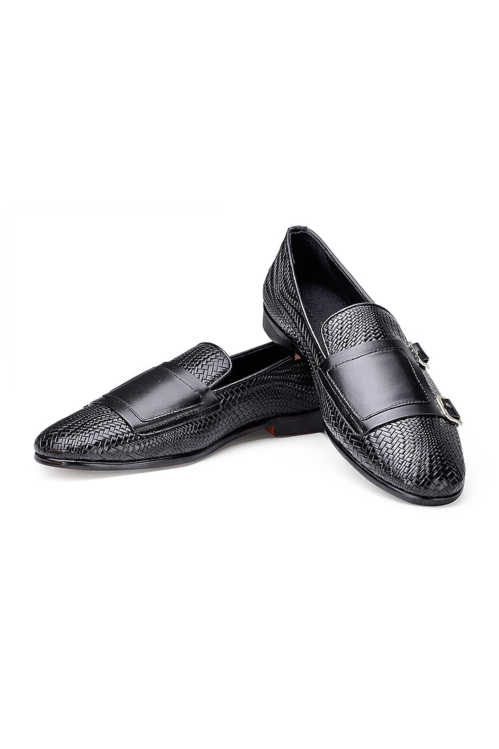 Black Leather Monk Shoes by SHUTIQ