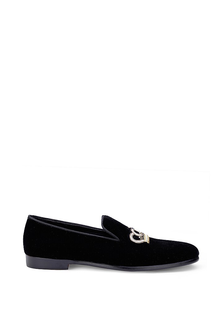 Black Velvet Hand Embroidered Slip-On Shoes by SHUTIQ at Pernia's Pop Up Shop