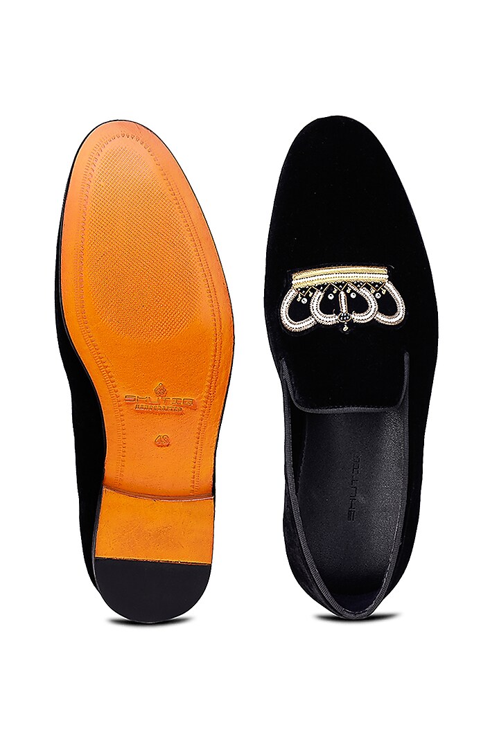 Black Velvet Hand Embroidered Slip-On Shoes by SHUTIQ at Pernia's Pop Up Shop