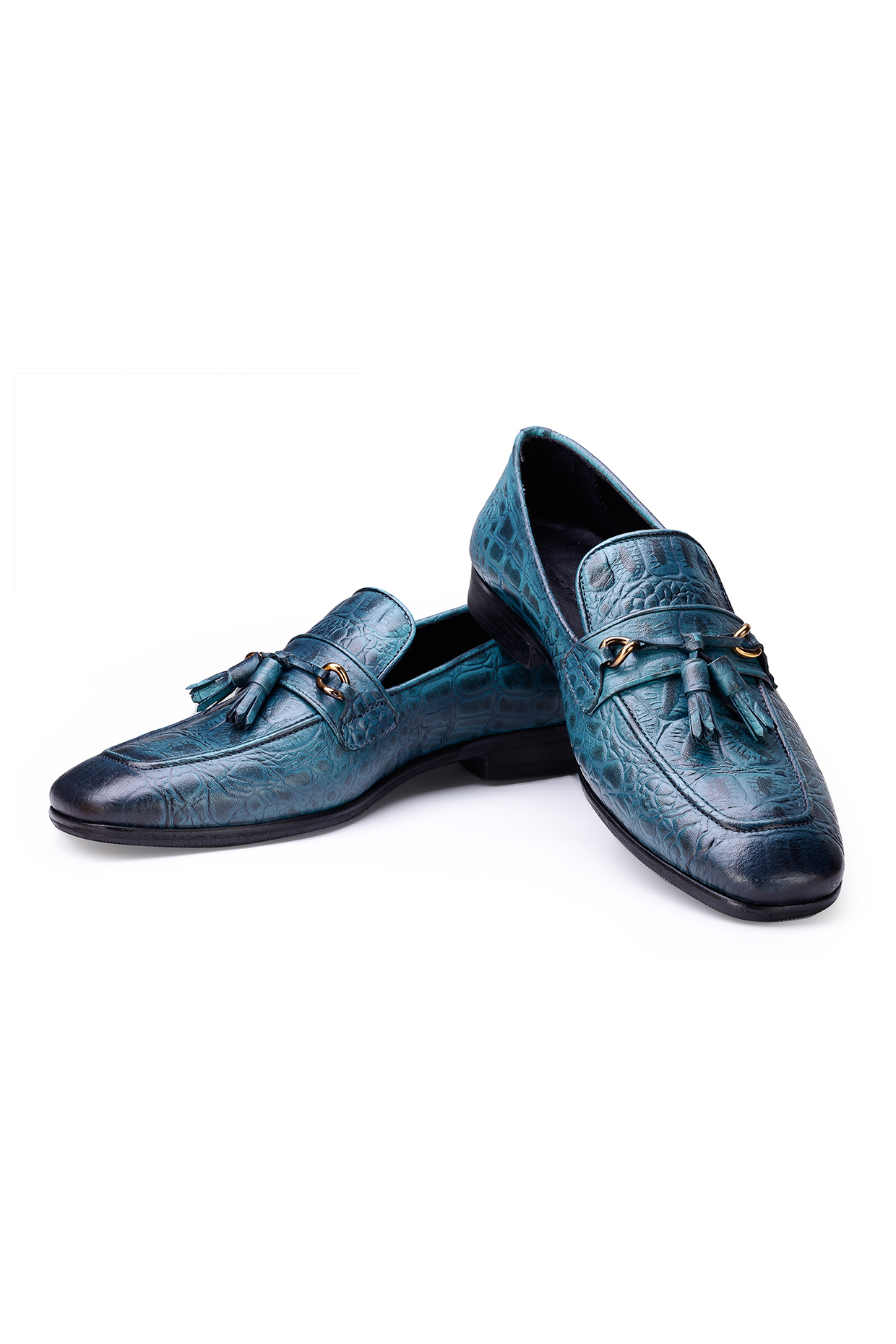 Blue Croco Leather Slip-On Shoes by SHUTIQ