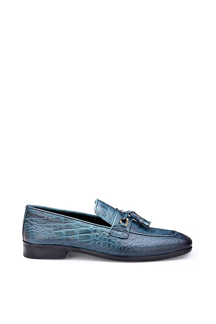 Blue Croco Leather Slip-On Shoes by SHUTIQ at Pernia's Pop Up Shop